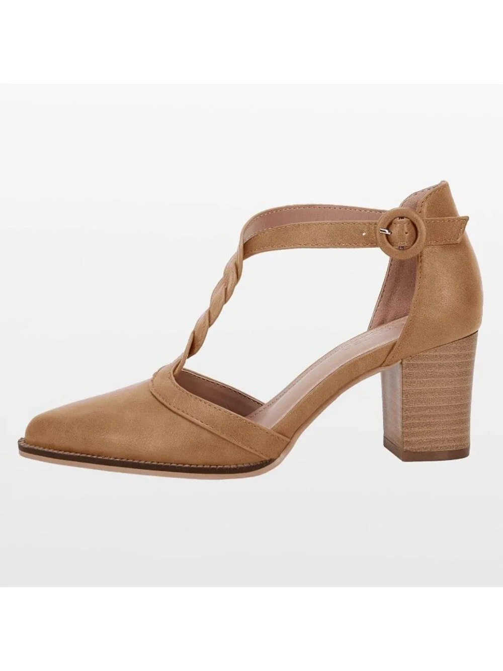 Women's Khaki Chunky Heels T Strap Pointed Toe Stacked Heeled Sandals Pumps